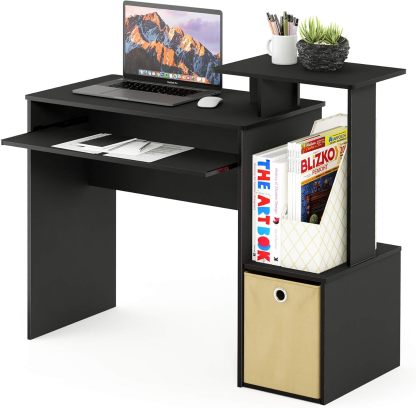 Furinno Econ Escritorio de escritura de computadora de oficina en casa multipropósito W/Bin, Blanco/Negro
