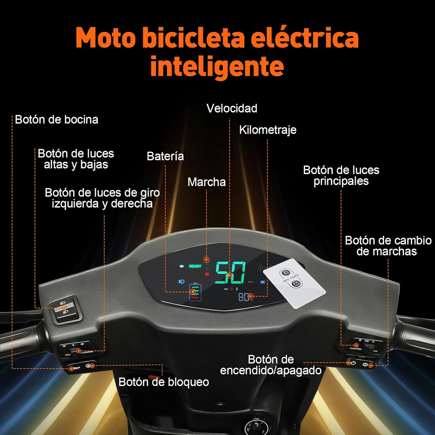HONEYWHALE i009 Moto Bicicleta Electrica para Adultos, Scooter Inteligente con Batería de Litio Extraíble de 24AH, 800W Motor, Velocidad Máxima 50KM/H, Autonomía 70KM, Sistema Antirrobo