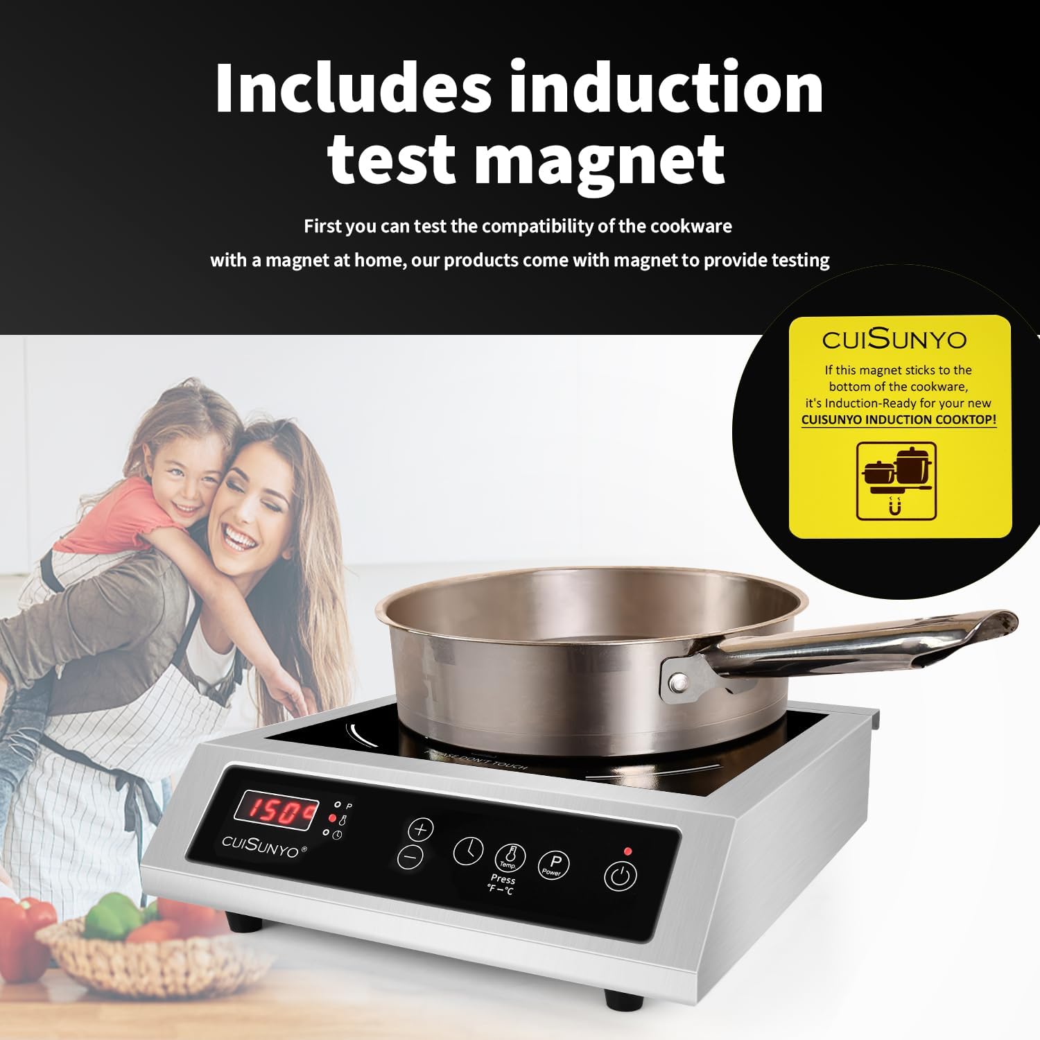 Cocina de inducción comercial 500-3500 W, 240 V, portátil, 10 niveles de potencia, quemador de encimera con 12 ajustes de temporizador, 140 a 550 °F y visualización LCD, estufa eléctrica de acero