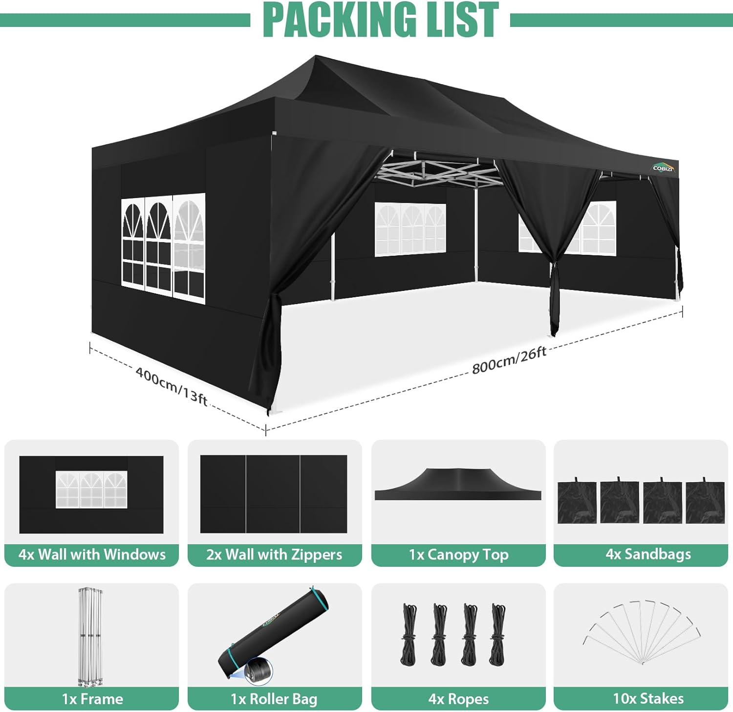 COBIZI - Toldo desplegable de 10 x 20 Pulgadas con 6 Paredes Laterales, toldo Impermeable para Eventos al Aire última intervensión, UPF 50+ cenador portátil para Fiestas, Playa, Camping, Boda,