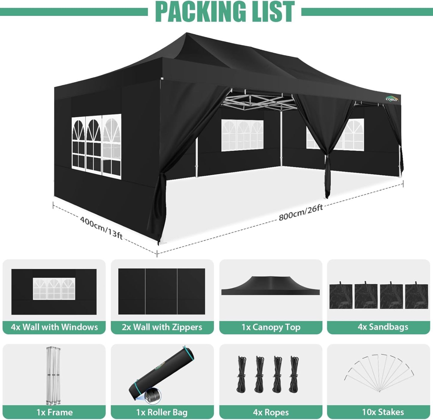 COBIZI - Toldo desplegable de 10 x 20 Pulgadas con 6 Paredes Laterales, toldo Impermeable para Eventos al Aire última intervensión, UPF 50+ cenador portátil para Fiestas, Playa, Camping, Boda,