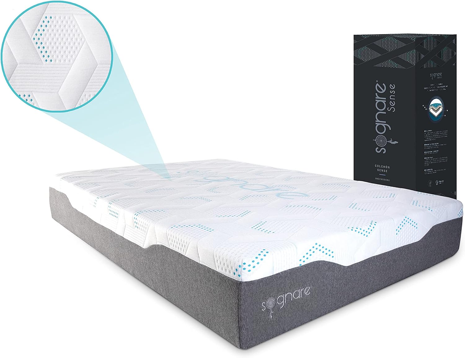 Sognare Sense Colchón Tamaño Queen Size, híbrido de Memory Foam y Gel, Densidad Semi Firme, Fresco con Funda Removible Lavable. 100 Noches de Garantía.
