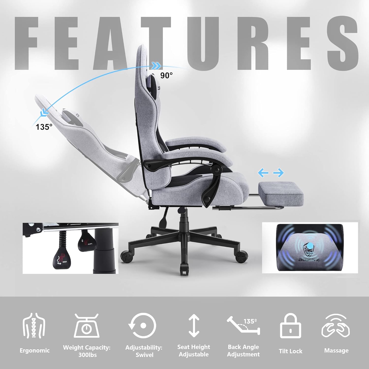 Dowinx - Silla de Juego de Tela con cojín de Resorte de Bolsillo, Silla de Juego de Masaje con reposacabezas, Silla ergonómica de computadora con reposapiés de 300 Libras, Negro y Gris