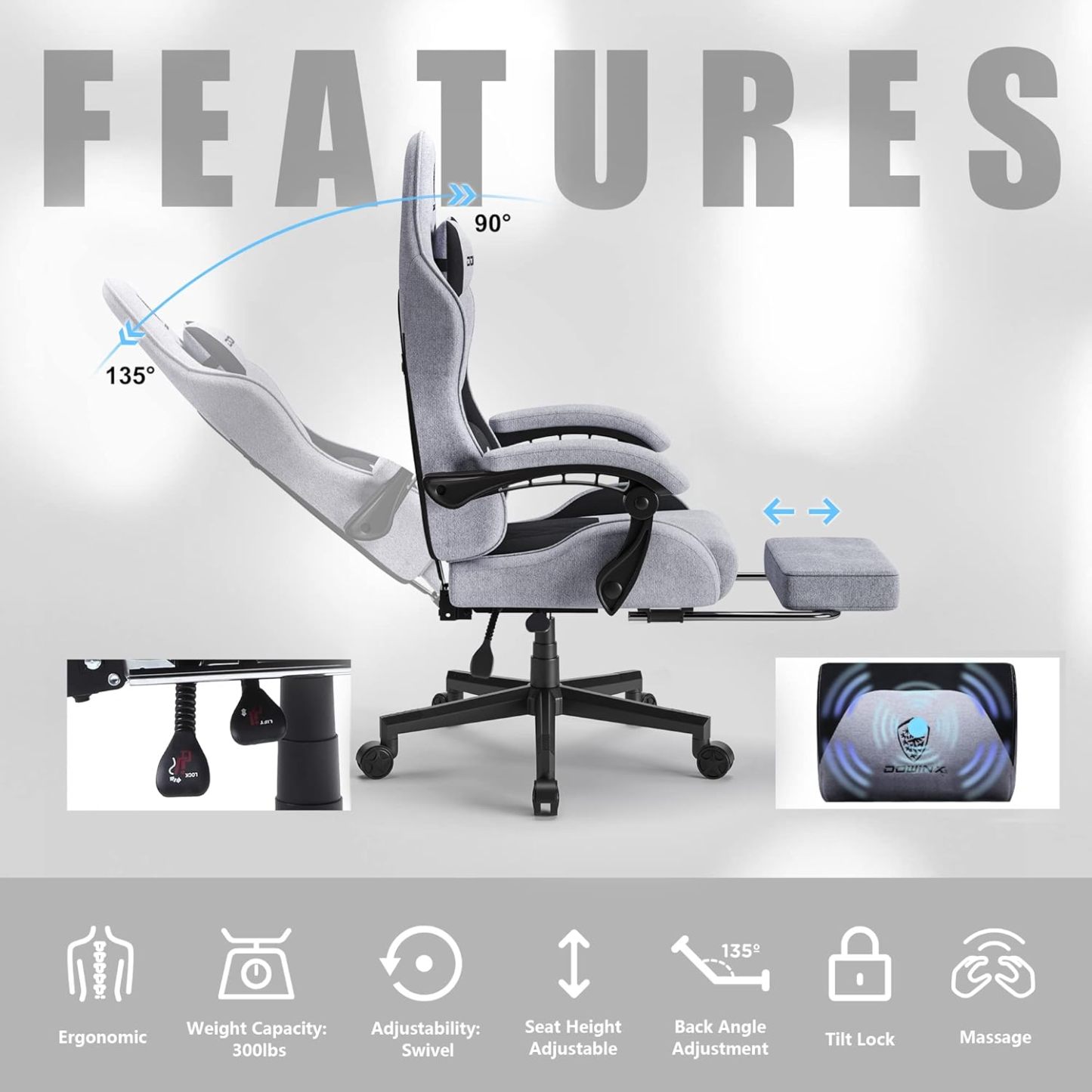 Dowinx - Silla de Juego de Tela con cojín de Resorte de Bolsillo, Silla de Juego de Masaje con reposacabezas, Silla ergonómica de computadora con reposapiés de 300 Libras, Negro y Gris