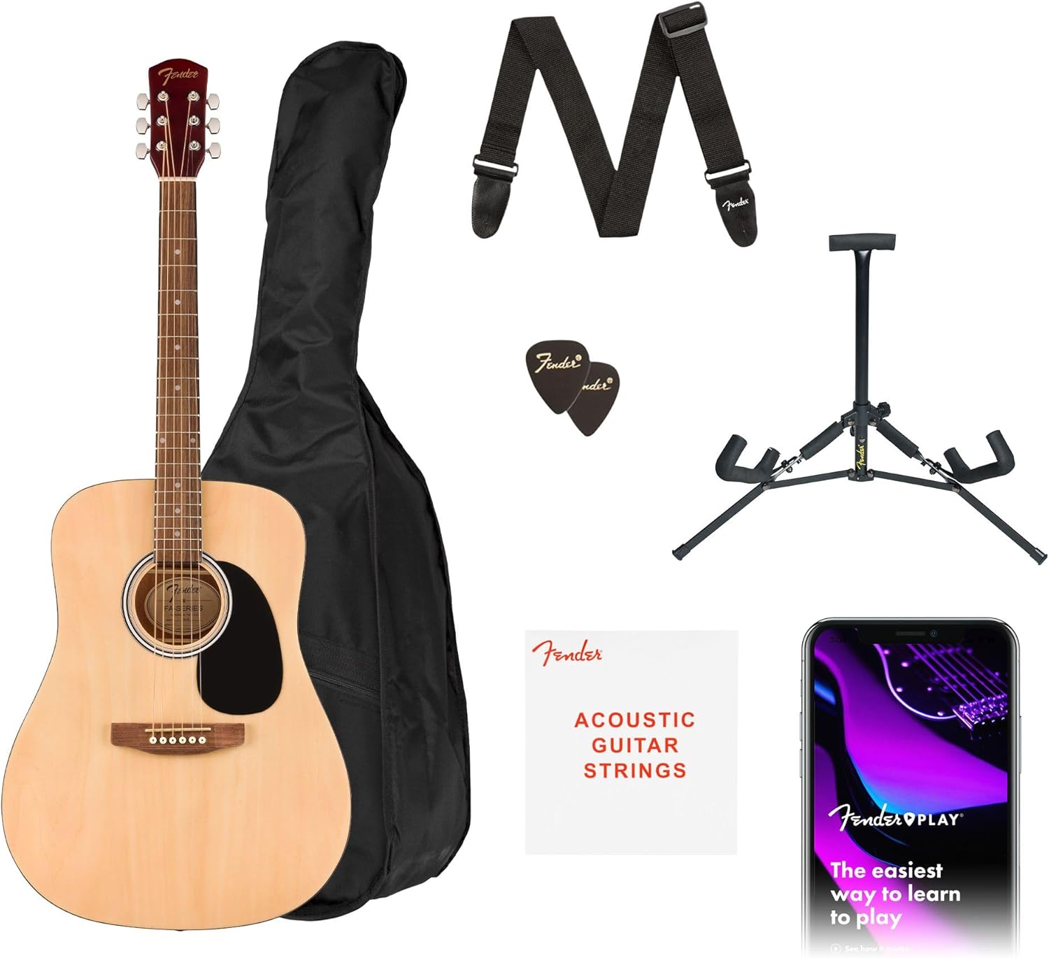 Fender Alternative Series Dreadnought Kit de guitarra acústica para principiantes, con 2 años de garantía, incluye bolsa acolchada para conciertos, soporte para guitarra, correa de guitarra y más