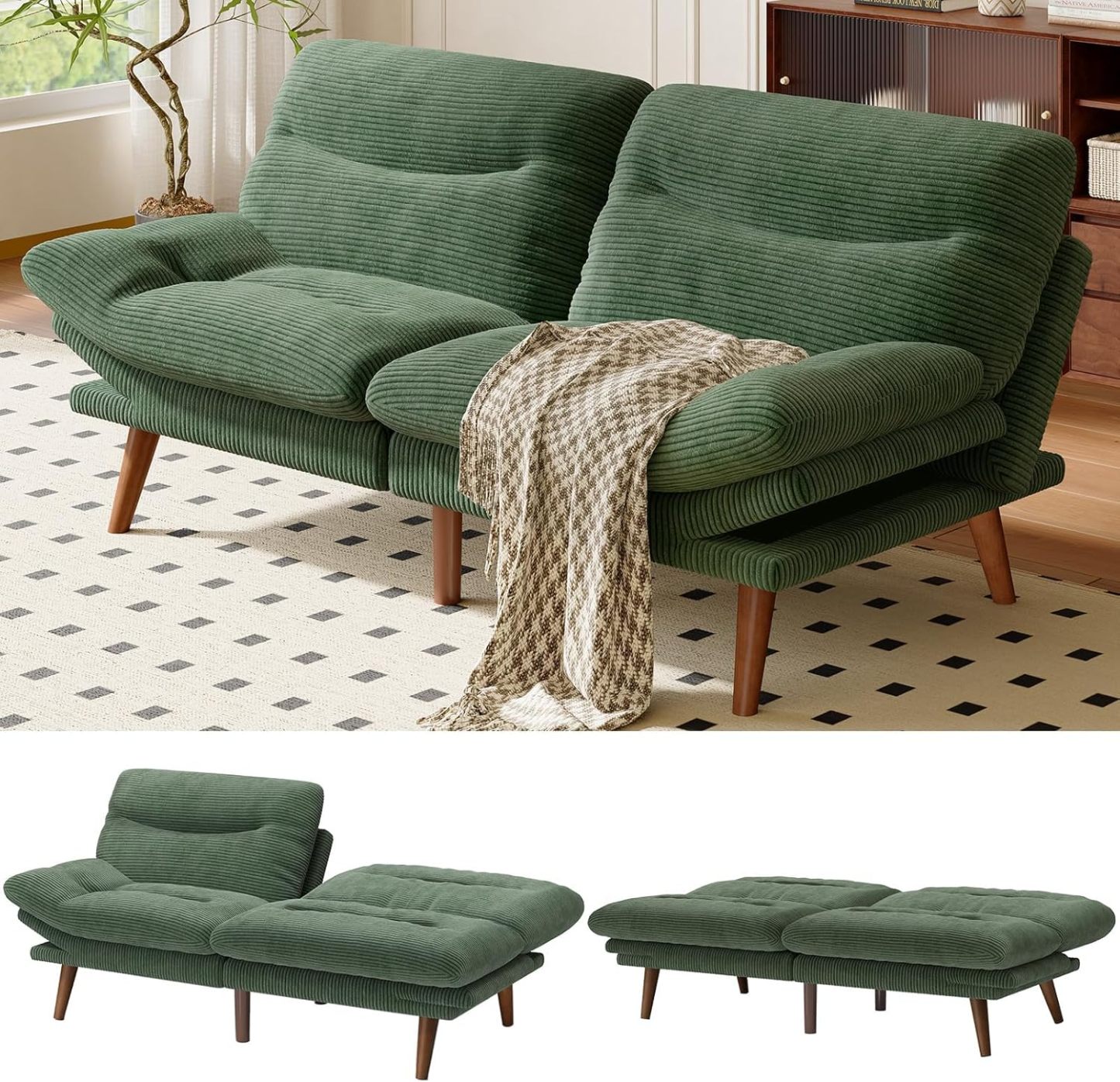 AMADA Sofá Cama Futón Convertible de 66", Juego de Futón Plegable de Pana con Respaldo y Reposabrazos Ajustables, Sillón Reclinable para Sala de Estar, Departamento u Oficina, Marco de Madera Sólida