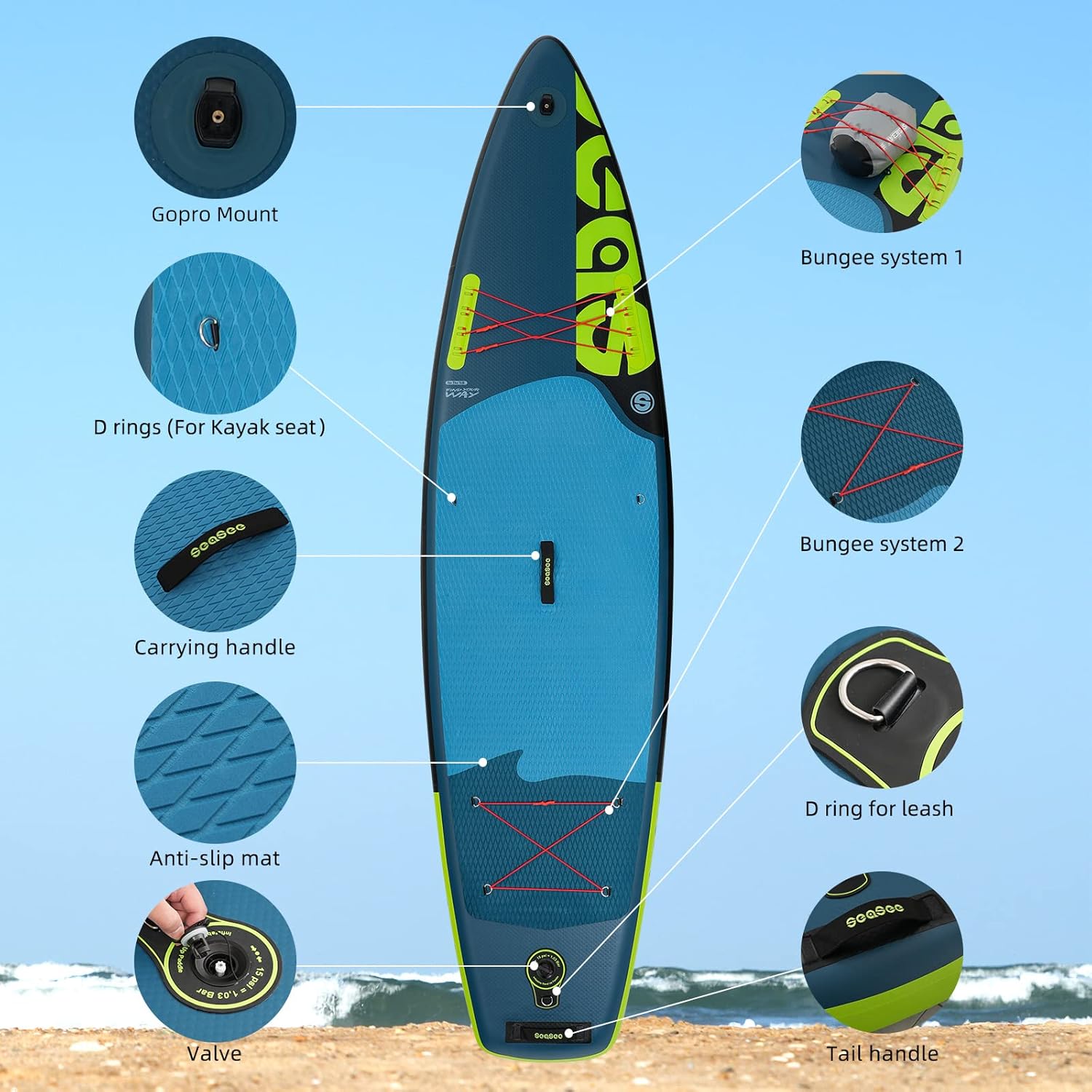 SEASEESUP Tablas de Remo inflables con Accesorios Sup, Tabla de Remo de 12 pies, Duradera, Ligera, diseño Estable de 33 Pulgadas de Ancho para Adultos con sobrepeso