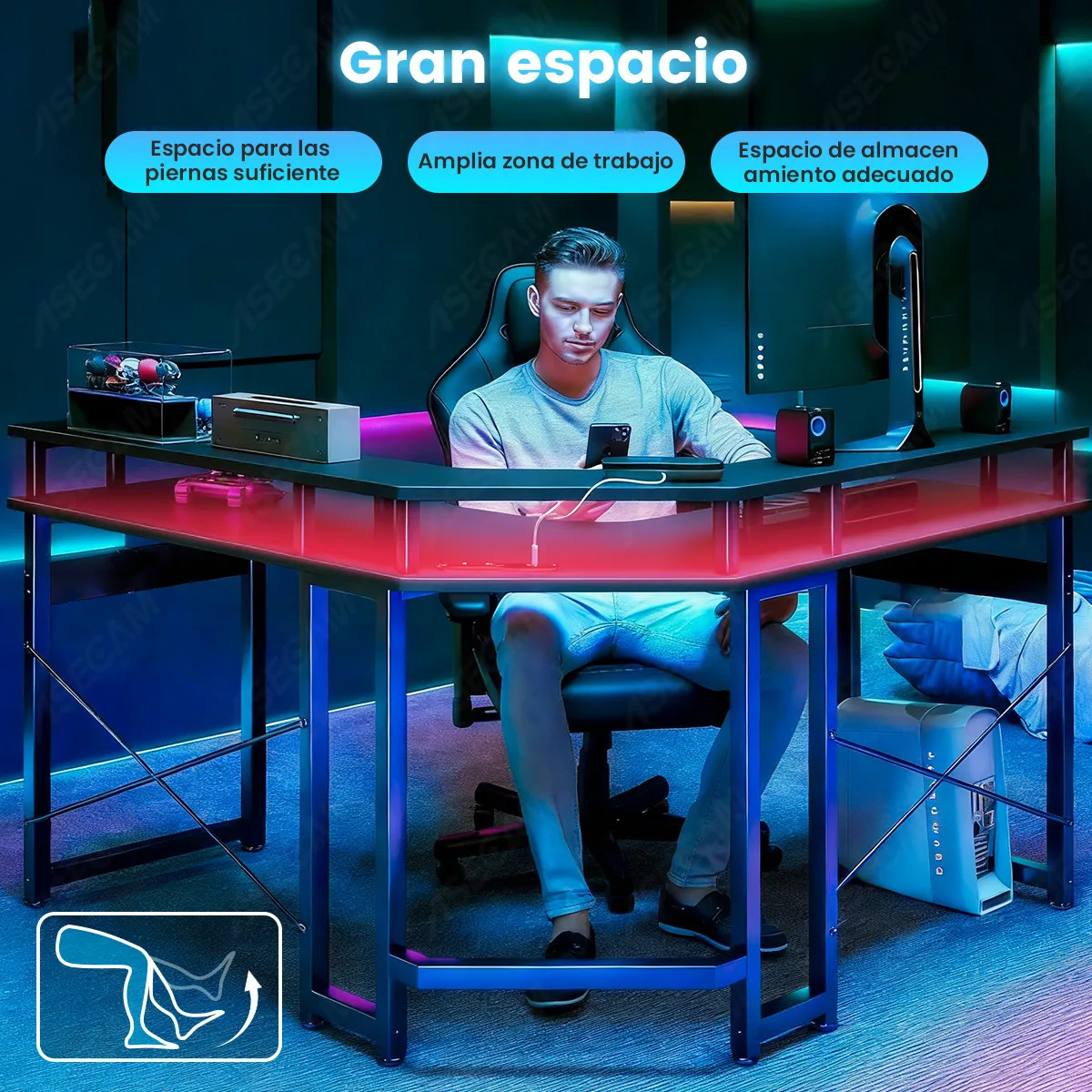 Escritorio Gamer En Forma De L Con Luz Led , Toma Y Soporte