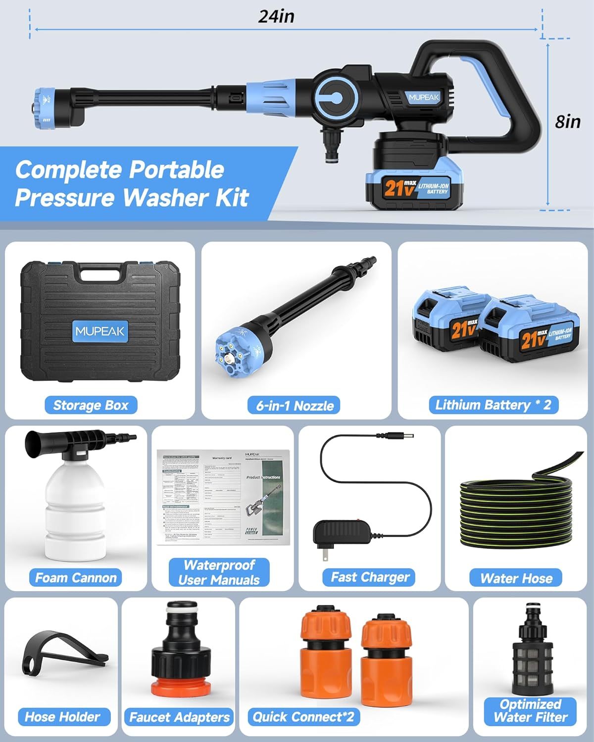 Lavadora a presión inalámbrica, 1100 PSI-Lavadora eléctrica portátil sin escobillas con 2 baterías, 3 modos ajustables/boquilla 6 en 1, 21 V 4.0 Ah Lavadoras a presión alimentadas por batería