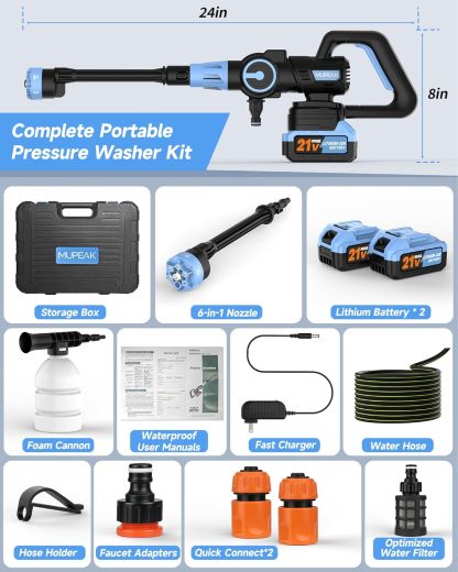 Lavadora a presión inalámbrica, 1100 PSI-Lavadora eléctrica portátil sin escobillas con 2 baterías, 3 modos ajustables/boquilla 6 en 1, 21 V 4.0 Ah Lavadoras a presión alimentadas por batería