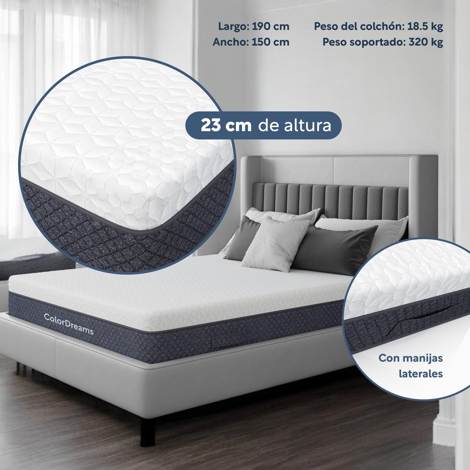 COLORDREAMS | Colchón en Caja Matrimonial Memory – 135x190x23 cm - 6 Capas de Espuma de Alta Densidad – Manijas Reforzadas – Firmeza Justa – Hipoalergénico