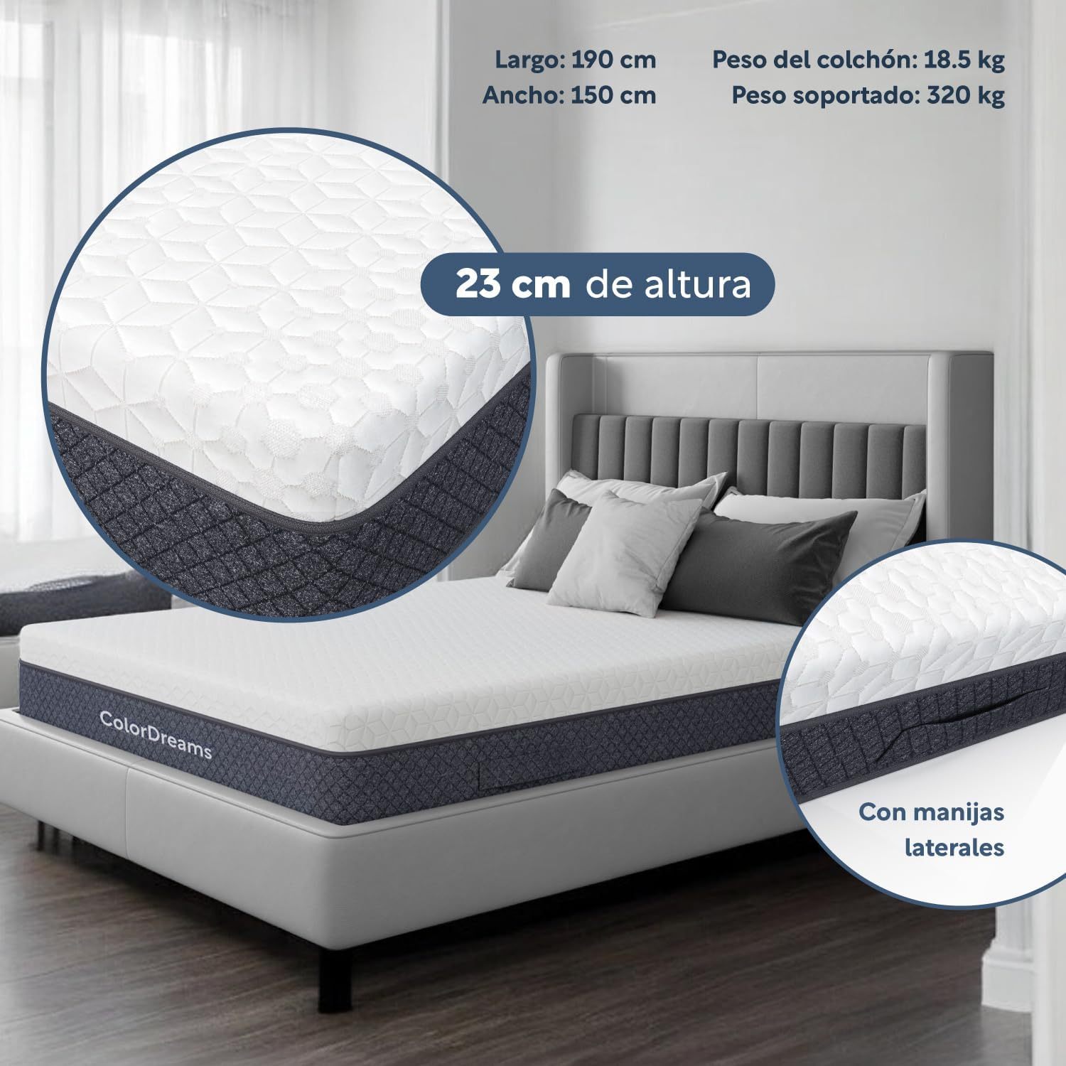 COLORDREAMS | Colchón en Caja Matrimonial Memory – 135x190x23 cm - 6 Capas de Espuma de Alta Densidad – Manijas Reforzadas – Firmeza Justa – Hipoalergénico