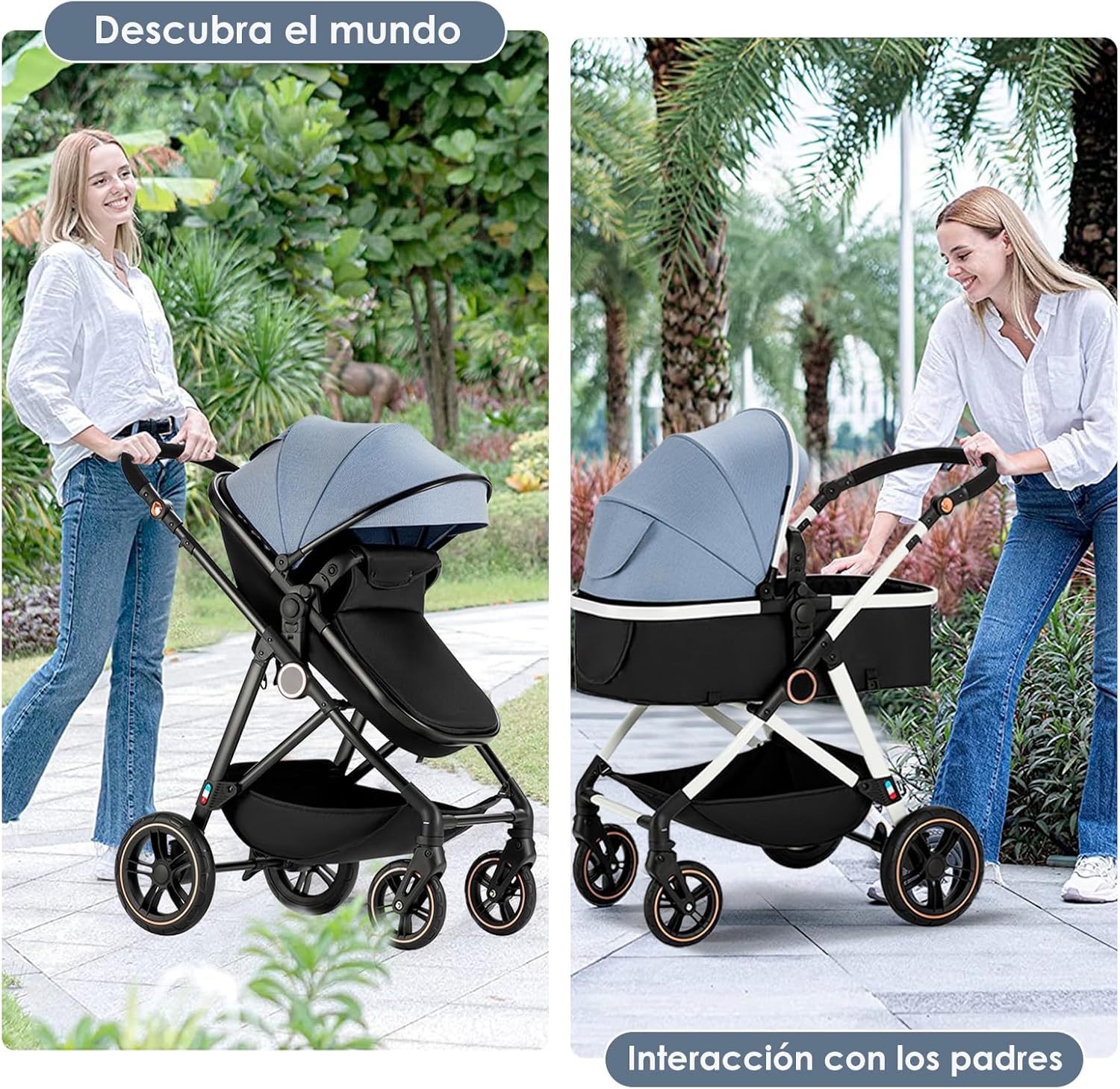VANGUA Carriola para Bebé con Diseño de Amplia Vista, Llantas de Caucho a Prueba de Explosiones, Sistema de Amortiguadores Atenuantes, Asiento con Dirección Ajustable, Reclinable Multi Posición, Toldo Protector Solar, Ventana de Ventilación, Estructura