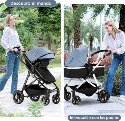 VANGUA Carriola para Bebé con Diseño de Amplia Vista, Llantas de Caucho a Prueba de Explosiones, Sistema de Amortiguadores Atenuantes, Asiento con Dirección Ajustable, Reclinable Multi Posición, Toldo Protector Solar, Ventana de Ventilación, Estructura