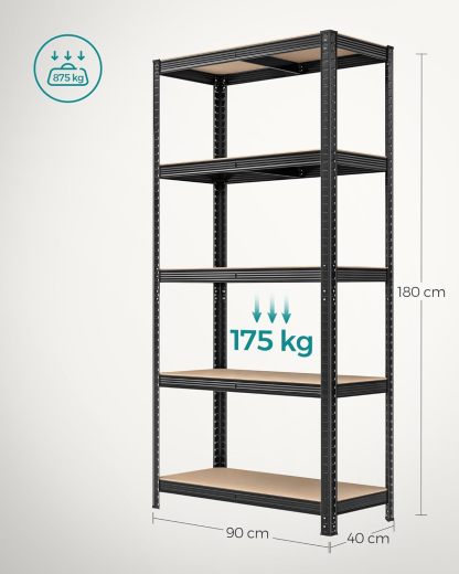 SONGMICS Juego de 2, Estantería Pesada de 5 Niveles, Estantería de Acero, Montaje sin Herramientas, 40 x 90 x 180 cm, Negro MGLR042B01