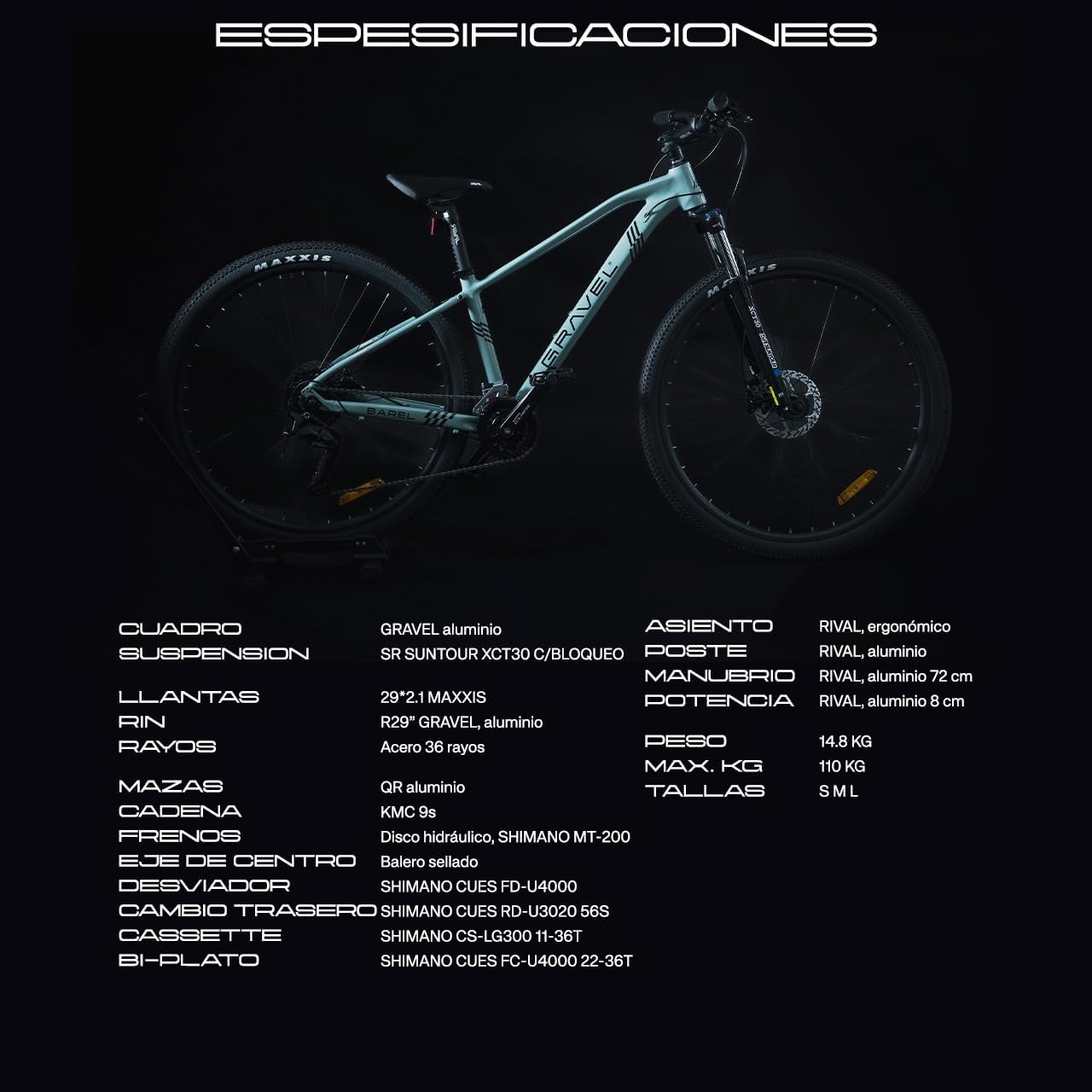 GRAVEL Bicicleta de Montaña Barel | Bicicleta R29 - Cuadro Aluminio 15 kg | Transmisión Cues 18V | Frenos Hidráulicos y Llantas Kenda