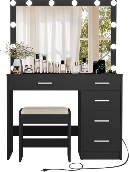 usikey - cambiador de maquillaje con 12 luces, computadora de cambiador con toma de corriente, mesa de maquillaje con 5 cajones, espejo grande, cambiador con taburete para recámara, baño, negro