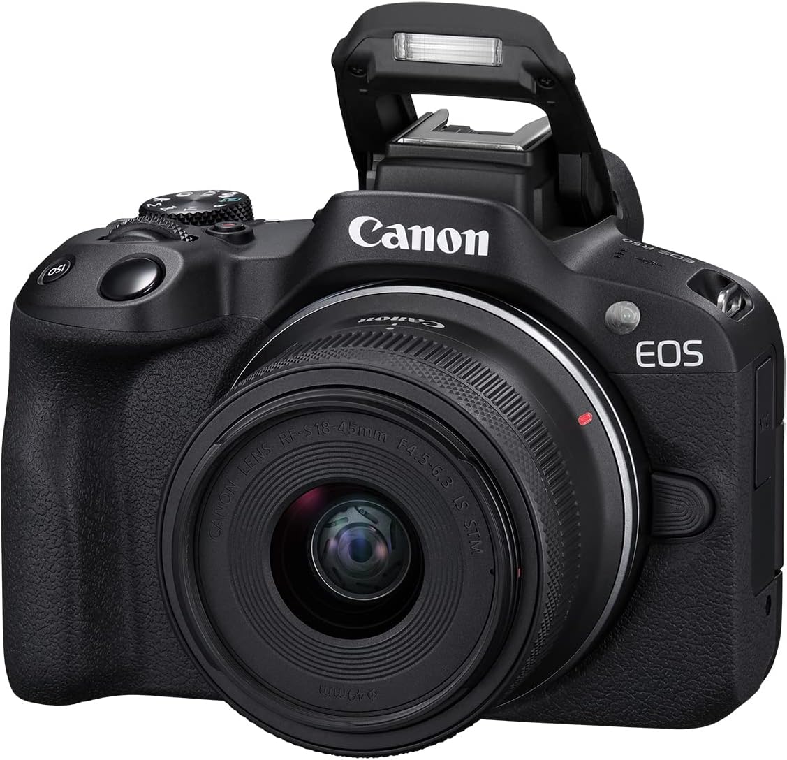 Canon EOS R50 Cámara de vlogging sin Espejo (Negro) con RF-S18-45mm F4.5-6.3 es Lente STM, 24.2 MP, Video 4K, detección y Seguimiento de Temas, Compacto, conexión de Smartphone, creador de Contenido