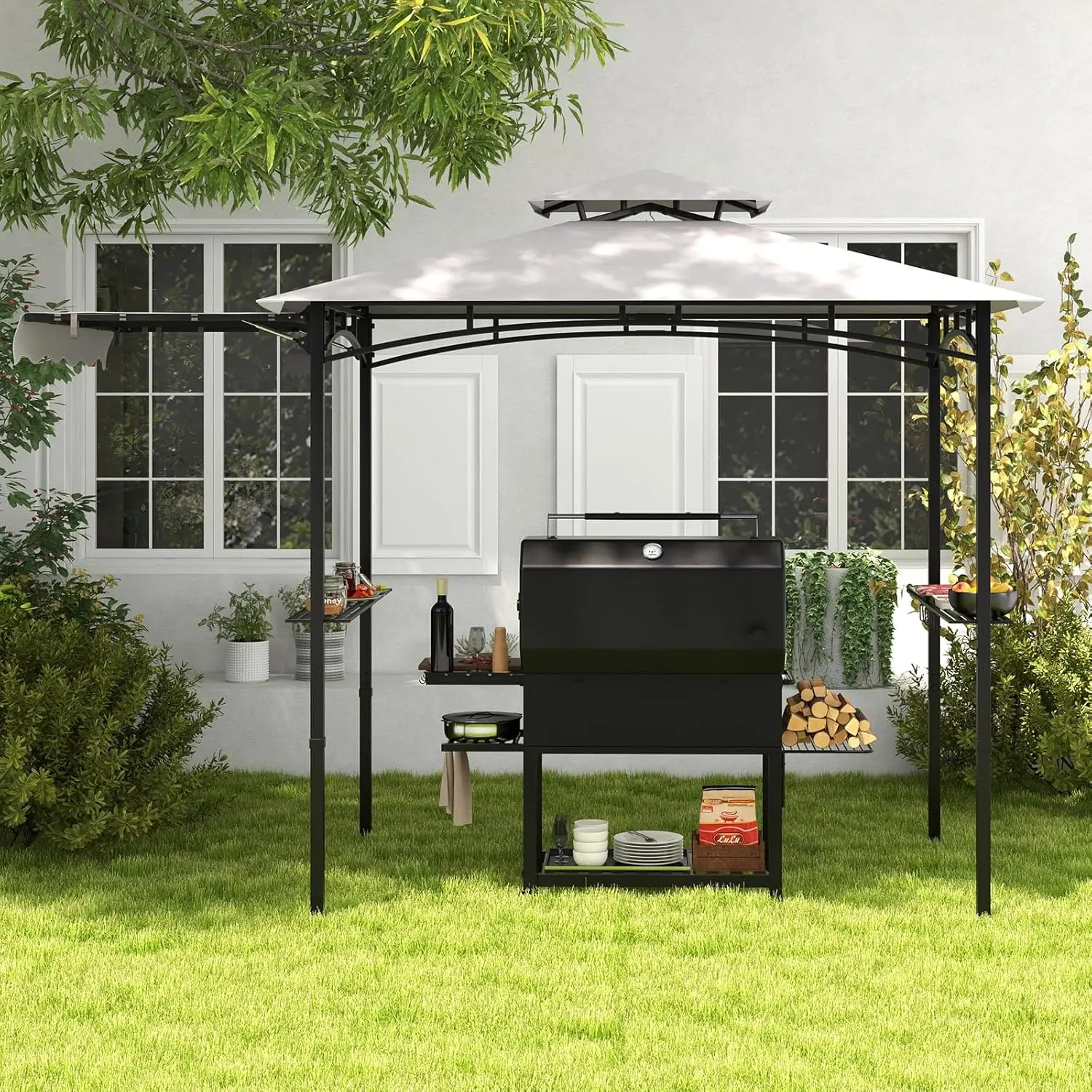[Regalo para el Día de la Madre] Cenador para Parrilla con Toldo Lateral — Cenador de 2 Niveles para Barbacoa con Estantes, Ganchos Colgantes y Abrebotellas — Toldo Exterior para Parrilla (Ideal para Patio Trasero, Jardín o Zona de Piscina)