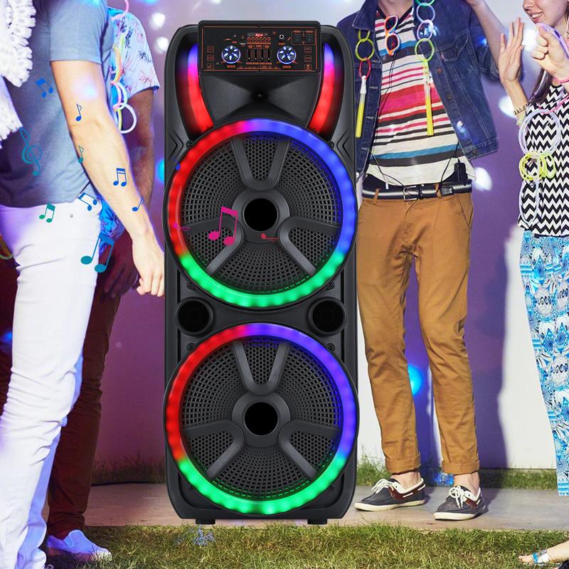 Sistema de altavoces para karaoke con doble woofer de 15 pulgadas — Altavoz portátil tipo "Party Box" con 2 micrófonos, Bluetooth inalámbrico, sonido estéreo, batería recargable, control remoto e iluminación LED.