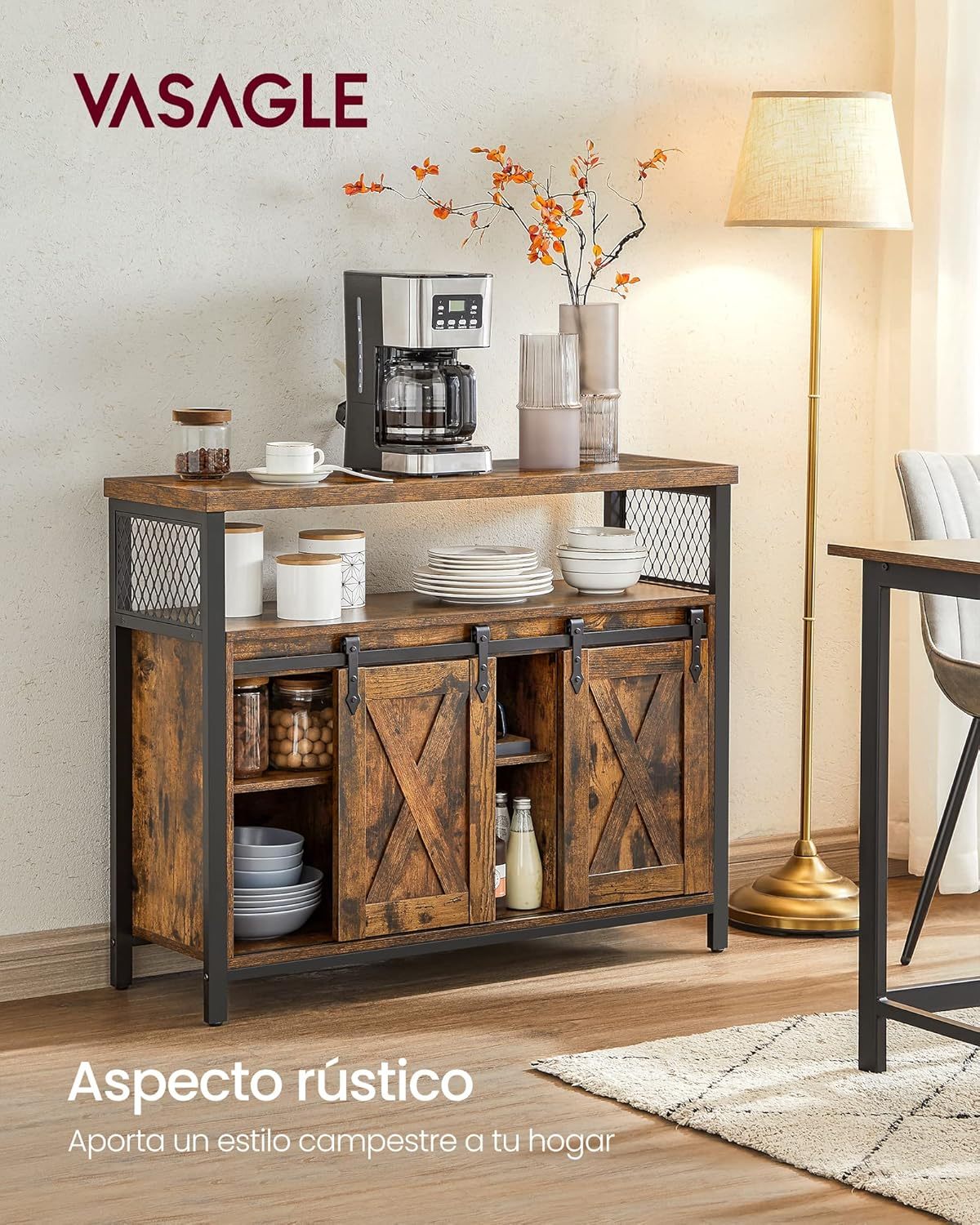 VASAGLE Credenza y Mueble Cocina, Gabinete para Cocina con 2 Puertas Correderas y Repisas, Sala o Pasillo, Marrón Rústico, Negro Tinta, MLSC092B01