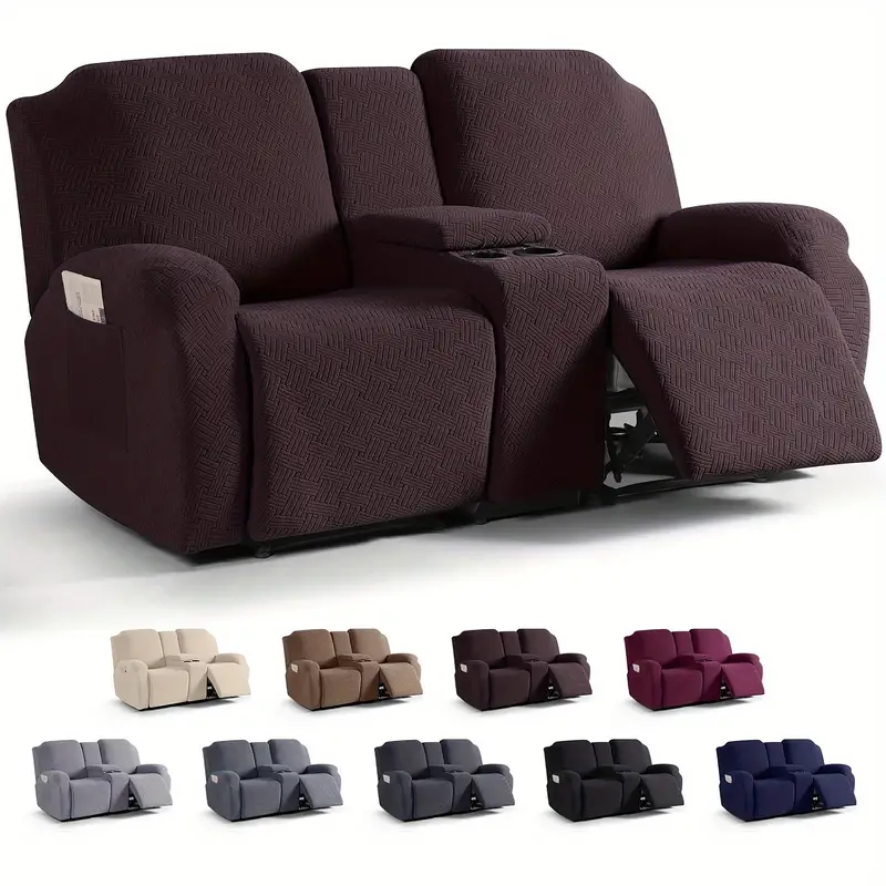Juego clsico de fundas para silln reclinable de consola central de 8 piezas: polister elstico y spandex con cierre elstico, funda para muebles lavable a mquina de dise?o de una sola pieza para silln de masaje de teatro de 2 asientos