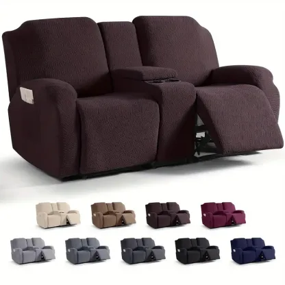 Juego clsico de fundas para silln reclinable de consola central de 8 piezas: polister elstico y spandex con cierre elstico, funda para muebles lavable a mquina de dise?o de una sola pieza para silln de masaje de teatro de 2 asientos