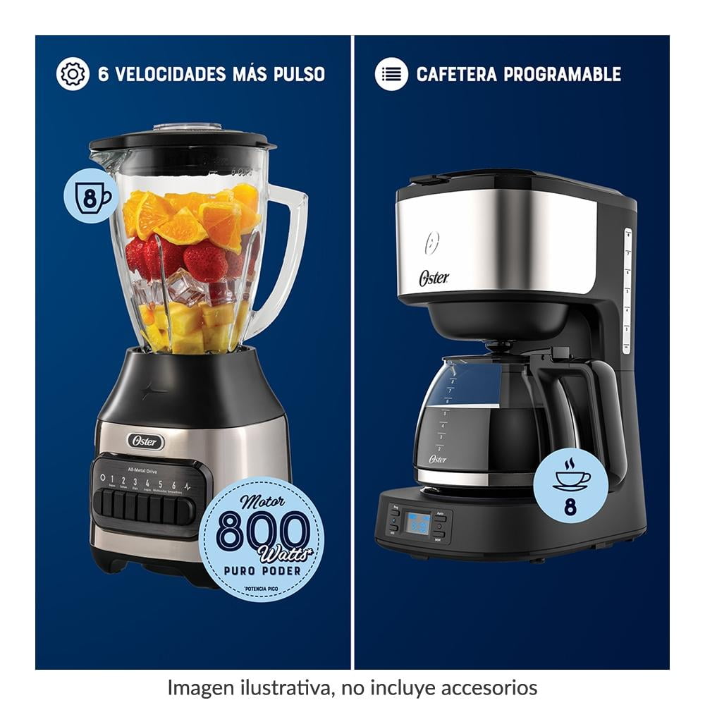 Combo Oster 4 Elementos con Licuadora 6 Velocidades, Cafetera Programable 8 tazas, Batidora y Wafflera