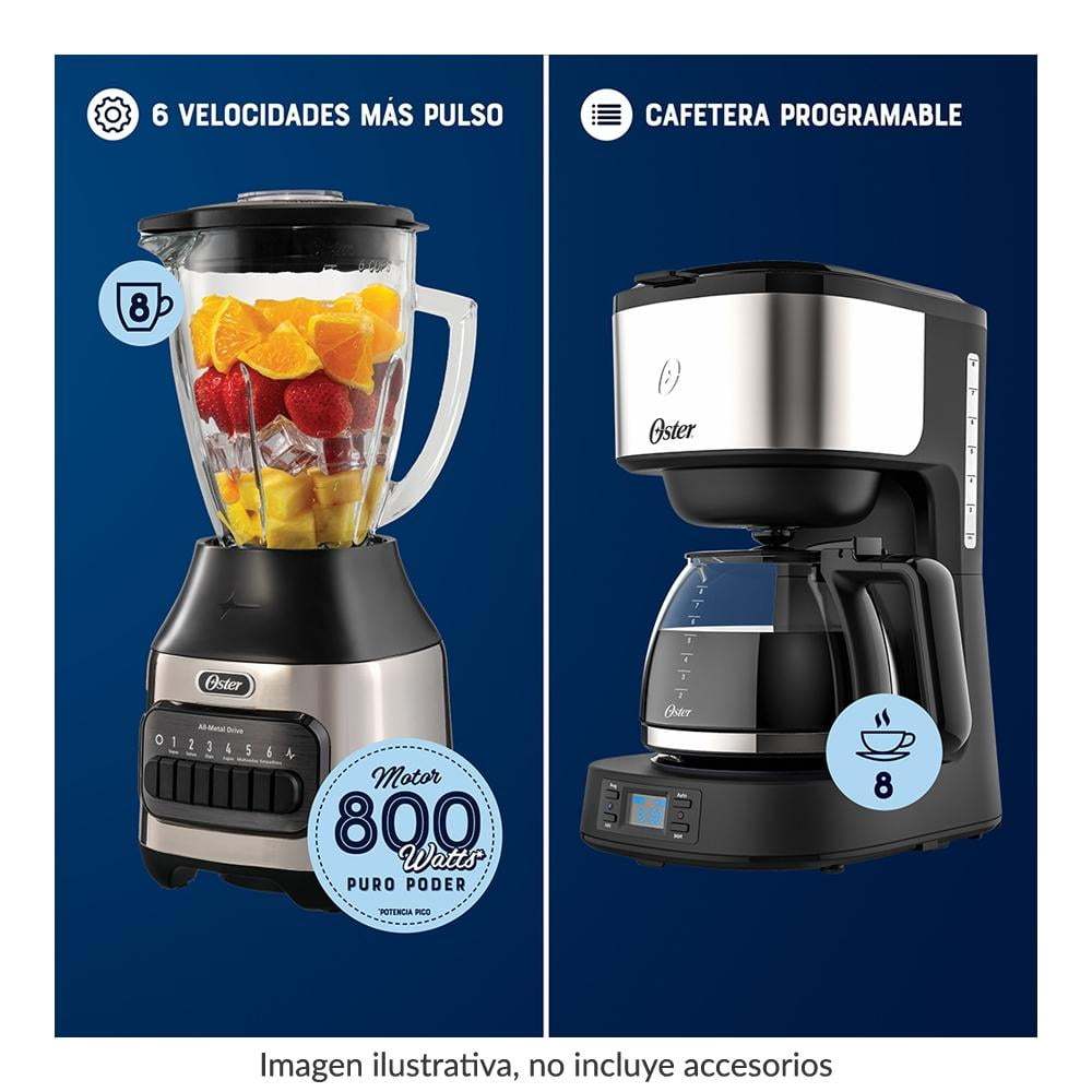 Combo Oster 4 Elementos con Licuadora 6 Velocidades, Cafetera Programable 8 tazas, Batidora y Wafflera