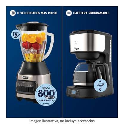 Combo Oster 4 Elementos con Licuadora 6 Velocidades, Cafetera Programable 8 tazas, Batidora y Wafflera