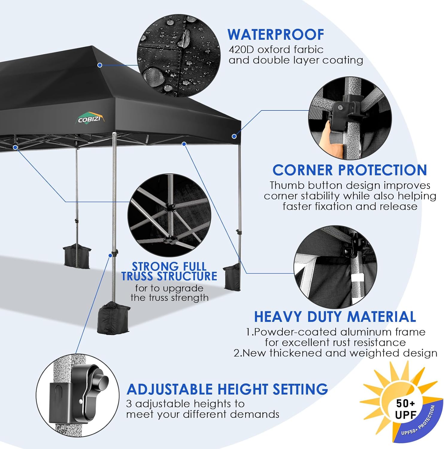 COBIZI - Toldo desplegable de 10 x 20 Pulgadas con 6 Paredes Laterales, toldo Impermeable para Eventos al Aire última intervensión, UPF 50+ cenador portátil para Fiestas, Playa, Camping, Boda,