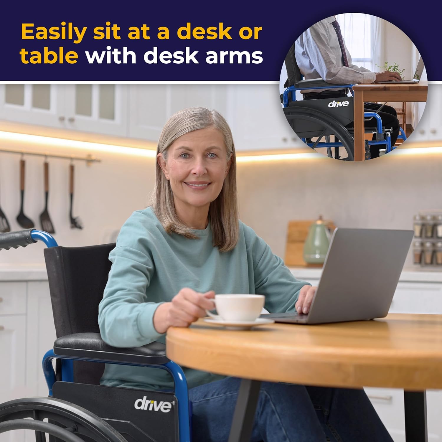 Drive Medical BLS20FBD-ELR Blue Streak Wheelchair with Flip Back Desk Arms and Elevating Leg Rests, Blue