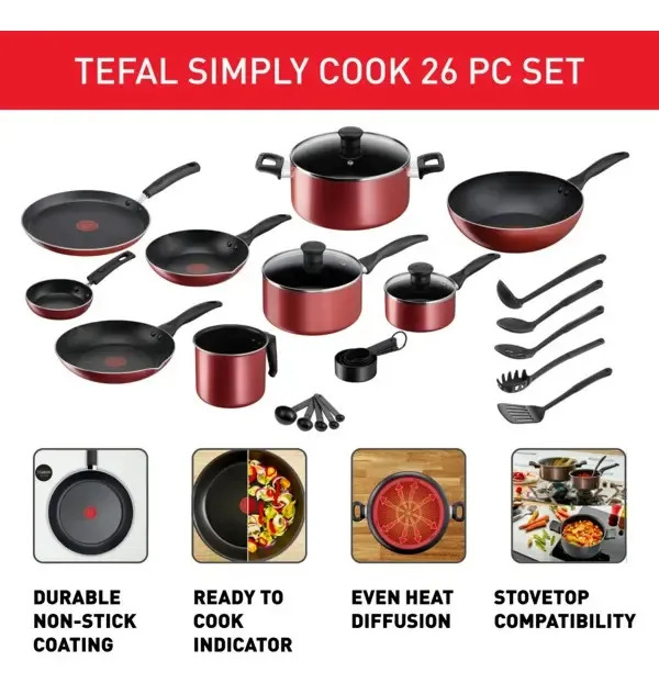 Batería de Cocina T-Fal de 26 piezas, con antiadherente Titanium, base de difusión y termo señal, Supercook Roja, B464SZ84