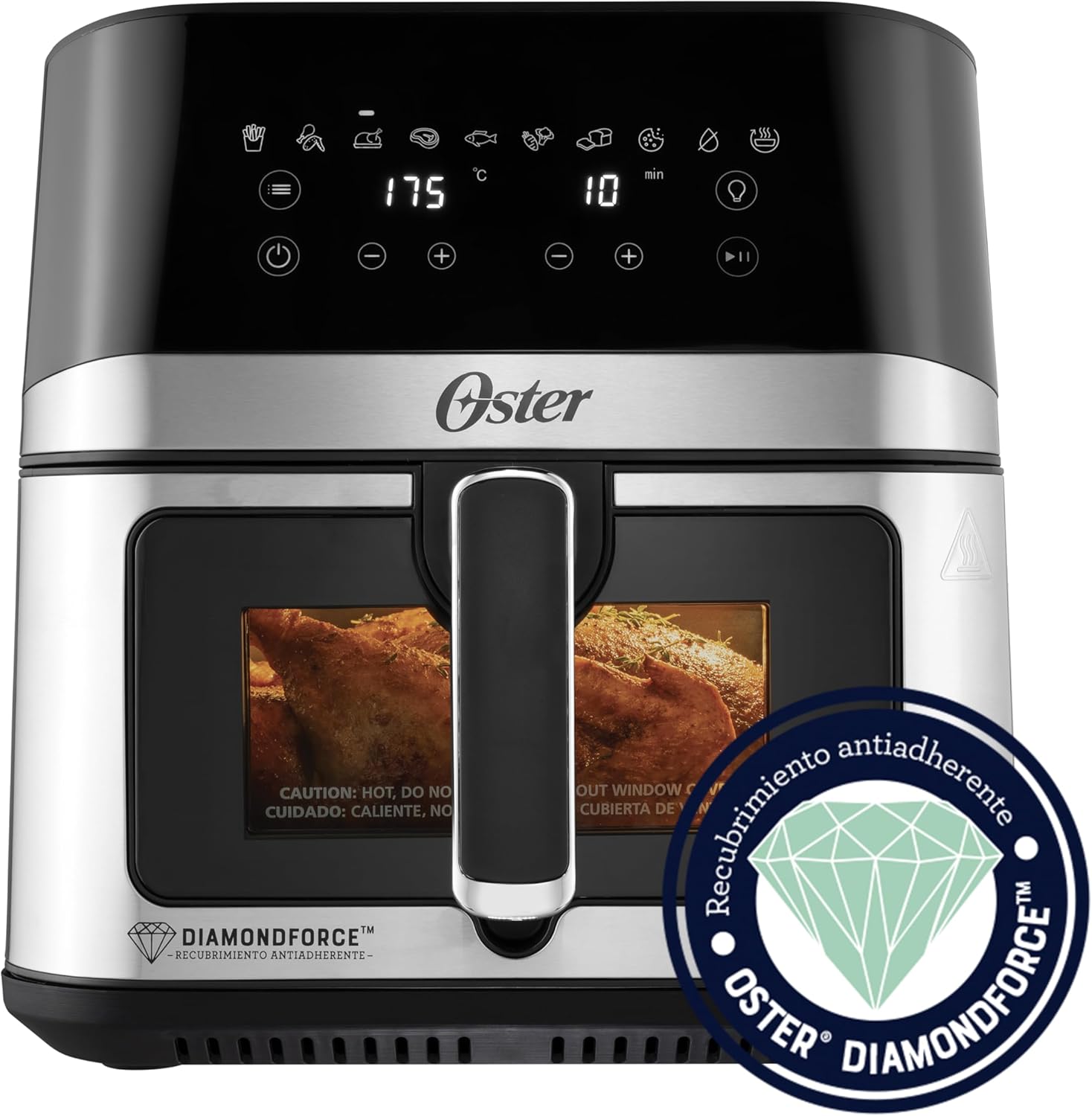 Oster® Freidora de Aire Digital XL 7.5L con Ventana y Luz Interna, Recubrimiento DiamondForce, 10 Programas Automáticos, Modelo CKSTAF75WDSSDF