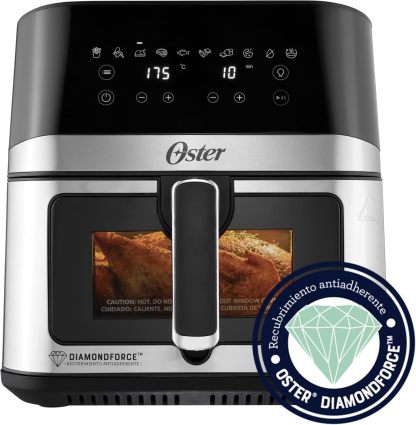 Oster® Freidora de Aire Digital XL 7.5L con Ventana y Luz Interna, Recubrimiento DiamondForce, 10 Programas Automáticos, Modelo CKSTAF75WDSSDF