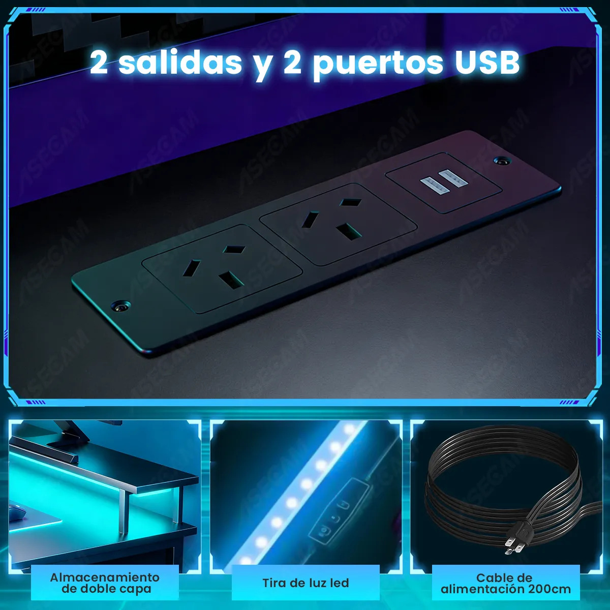 Escritorio Gamer En Forma De L Con Luz Led , Toma Y Soporte
