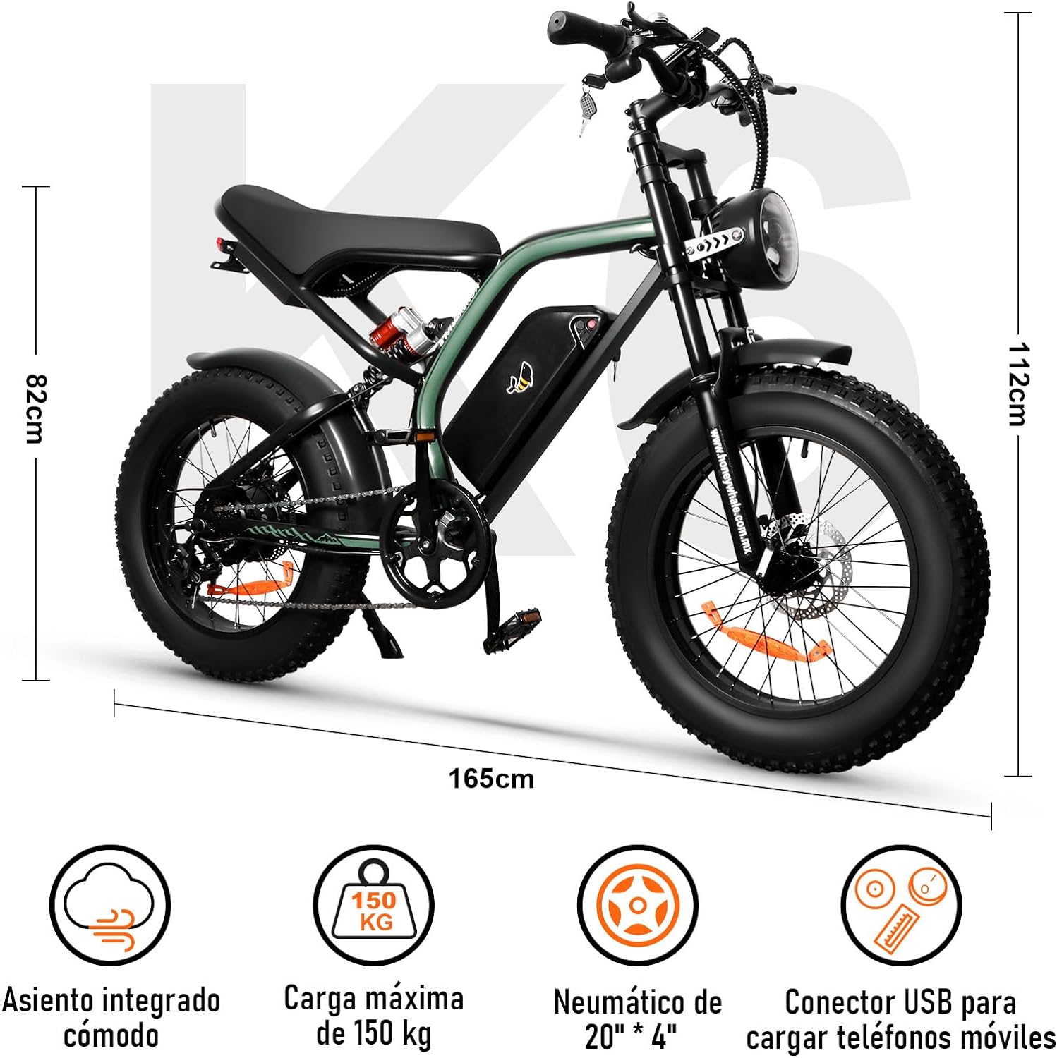 HONEYWHALE K6 Bicicleta Electrica para Adultos, Moto Bicicleta de Montaña de 7 Velocidades, Potencia del Motor 1080 W, Velocidad Máxima 48KM/H, Autonomía 40-45KM, Batería (48V, 15AH)-Muñeca