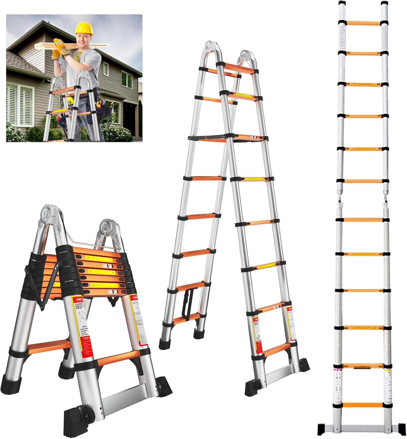 EvaStar - Escalera telescópica con marco A, escaleras telescópicas de aluminio ligeras con estabilizadores triangulares, barra estabilizadora y ruedas, escalera de extensión de capacidad de 350 libras