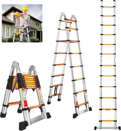 EvaStar - Escalera telescópica con marco A, escaleras telescópicas de aluminio ligeras con estabilizadores triangulares, barra estabilizadora y ruedas, escalera de extensión de capacidad de 350 libras