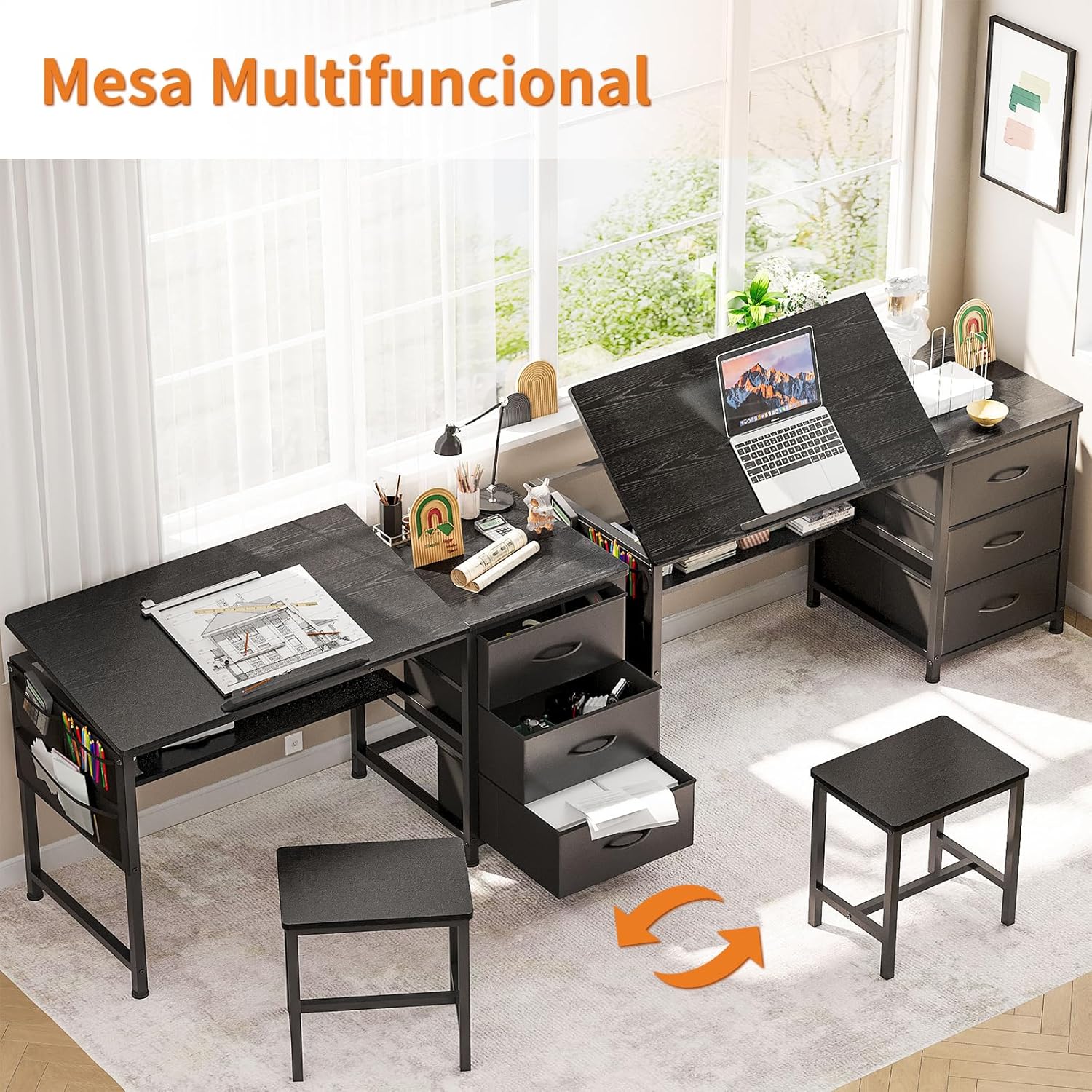 Mesa de Dibujo,Restirador Arquitectura Multifuncional Inclinación Ajustable,Restirador con 3 Cajones (Tela) y Viene con Taburete,Restiradors para Dibujo Adecuado para Pintar