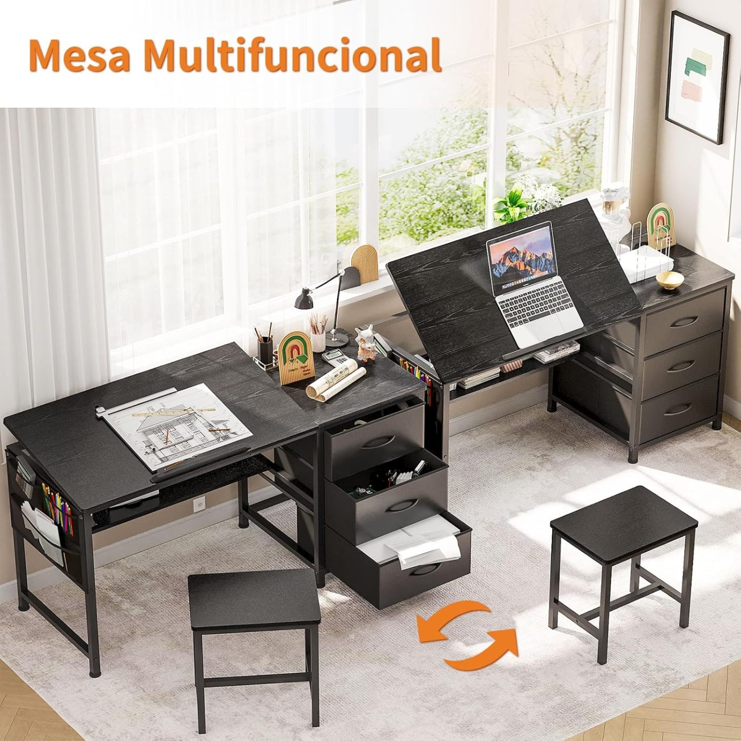 Mesa de Dibujo,Restirador Arquitectura Multifuncional Inclinación Ajustable,Restirador con 3 Cajones (Tela) y Viene con Taburete,Restiradors para Dibujo Adecuado para Pintar