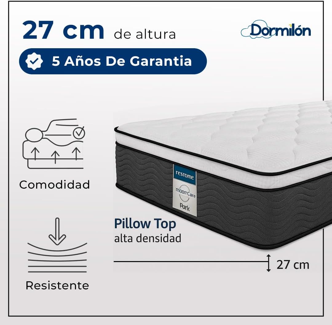 Restonic Park Individual Ortopédico Resortes Bonnell - Colchón Semi Firme - con Colchoneta Superior - Antiácaros - Soporte Duradero - Garantía 5 Años (Individual)