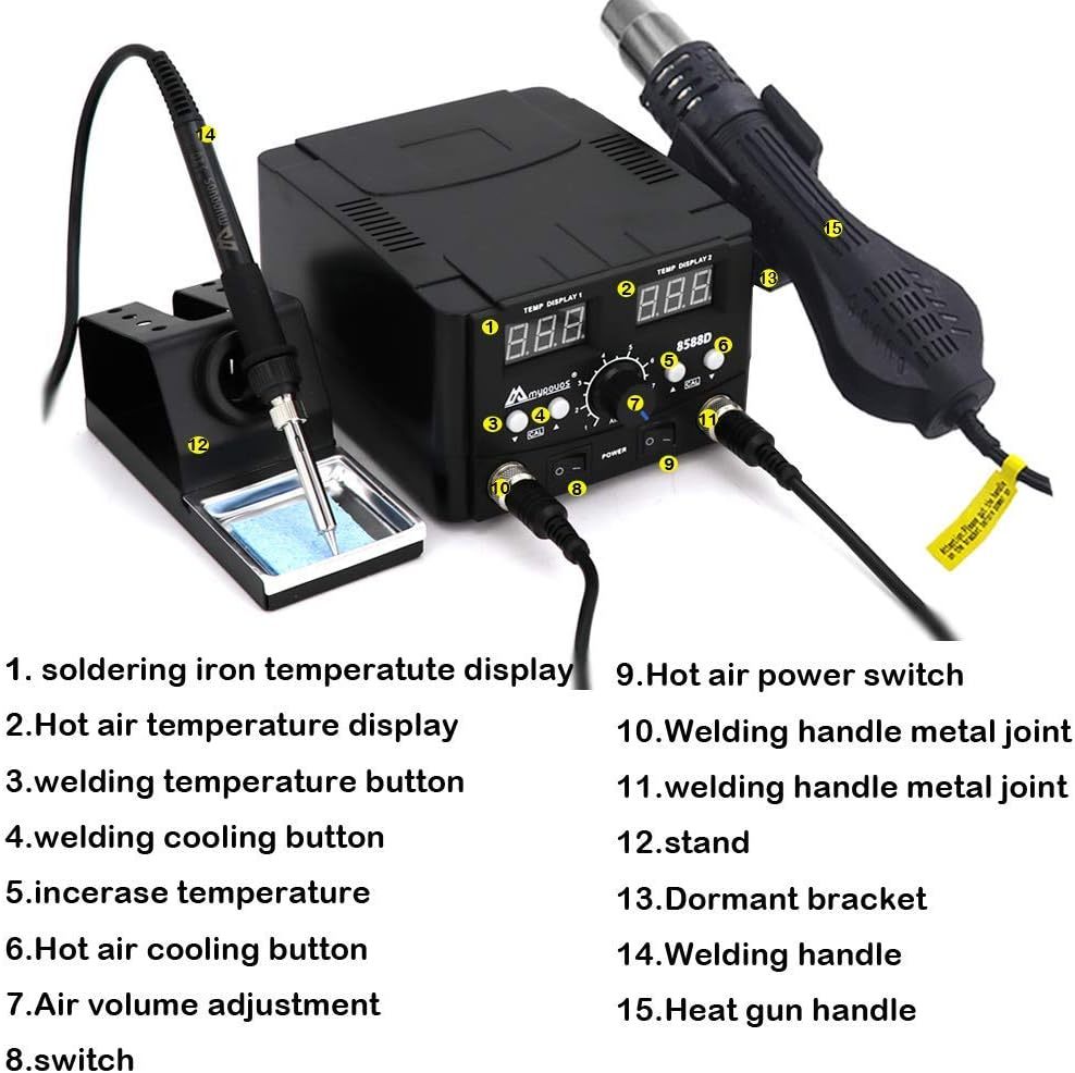 MYPOUOS - Estación de soldadura digital LED 2 en 1 de 750 W, estación de reanudación de pistola de aire caliente, soldador eléctrico para teléfono PCB IC SMD BGA juego de soldadura 110 V (8588D SET1)