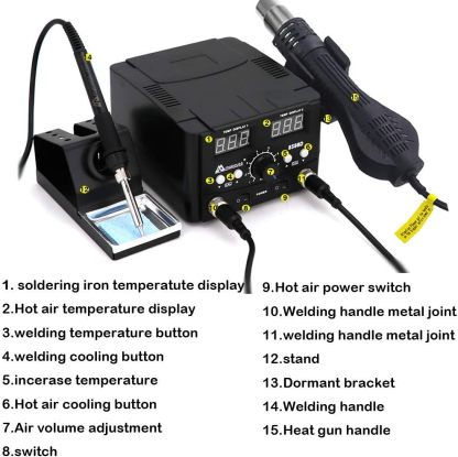 MYPOUOS - Estación de soldadura digital LED 2 en 1 de 750 W, estación de reanudación de pistola de aire caliente, soldador eléctrico para teléfono PCB IC SMD BGA juego de soldadura 110 V (8588D SET1)