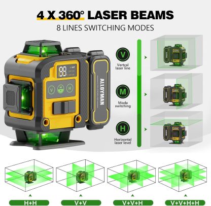 📐🎁Nivel Láser Alloyman 4D 16 Líneas Verdes, Autonivelante 4x360°, Incluye Trípode y 2 Baterías de Litio, para Azulejos, Colgar Cuadros y Reformas de Interiores, Excelente Regalo para Navidad y Año Nuevo