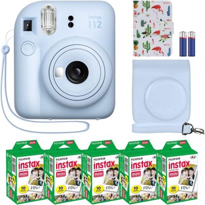 Fujifilm Instax Mini 12 cámara instantánea + paquete de accesorios MiniMate y funda personalizada compatible + Fuji Instax Film Value Pack (50 hojas) Álbum de fotos de diseño flamenco (verde menta)