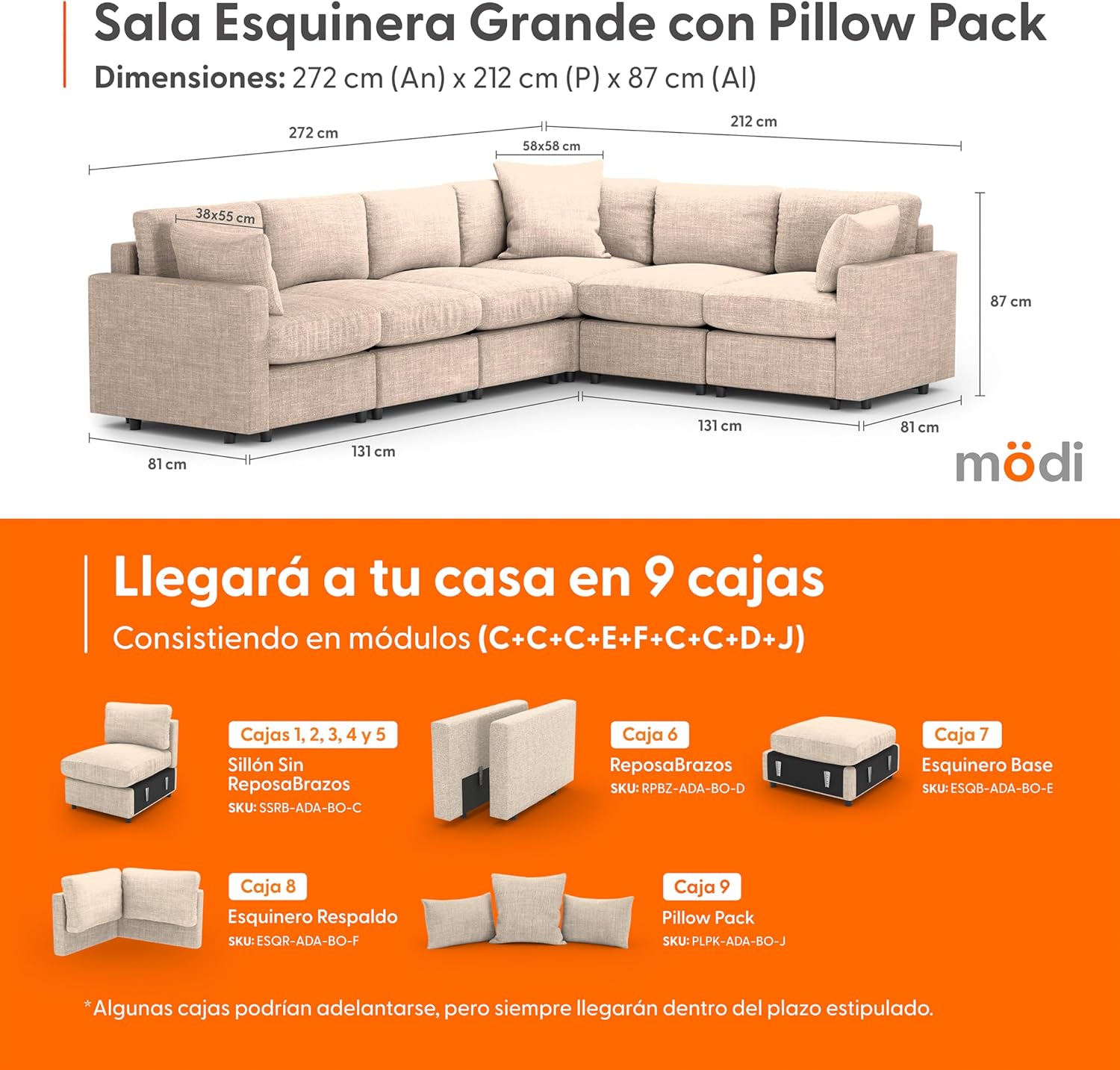 MODISOFA - Sofá Sala Esquinera Modular con Otomano | 6 Plazas | Beige | + Pillow Pack | Fácil de Ensamblar y Adaptable | Envío Gratis
