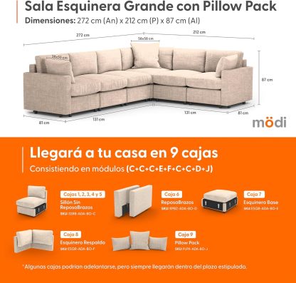 MODISOFA - Sofá Sala Esquinera Modular con Otomano | 6 Plazas | Beige | + Pillow Pack | Fácil de Ensamblar y Adaptable | Envío Gratis