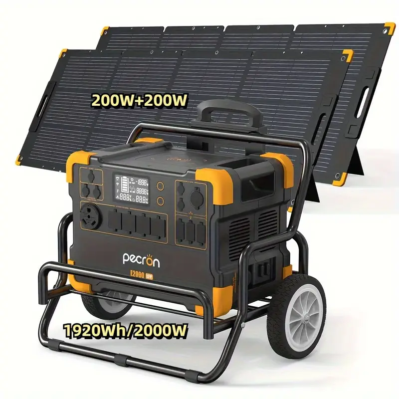 Estación de energía portátil PECRON E2000LFP 1920Wh/2000W con kit de carrito de panel solar de 400W, 16 puertos de salida/6 tomacorrientes de CA de 110V/2 salida de CC/PD 100W UBS-C Carga rápida Generador solar Batería