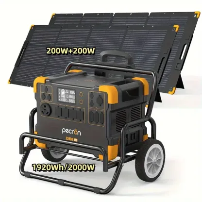 Estación de energía portátil PECRON E2000LFP 1920Wh/2000W con kit de carrito de panel solar de 400W, 16 puertos de salida/6 tomacorrientes de CA de 110V/2 salida de CC/PD 100W UBS-C Carga rápida Generador solar Batería